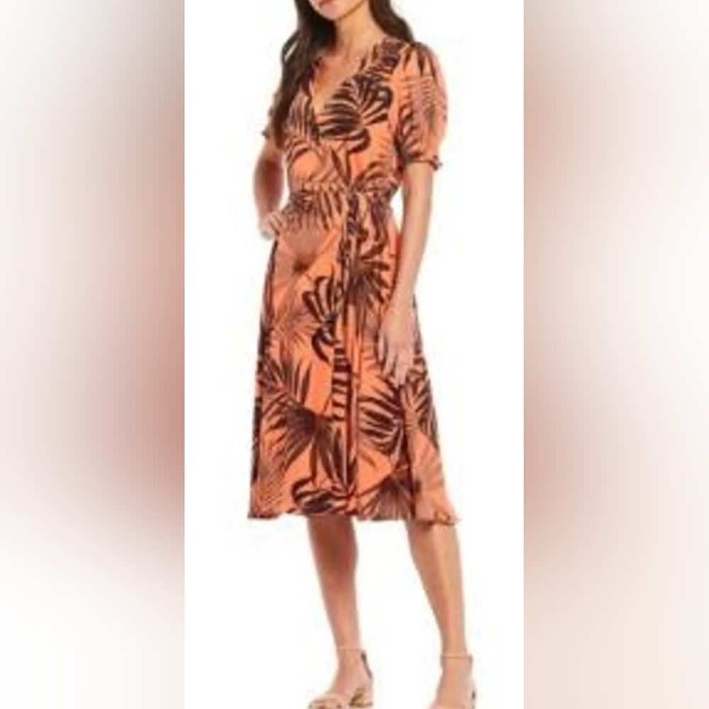 Alex Marie Orange and Black Leaf Print Midi Dress